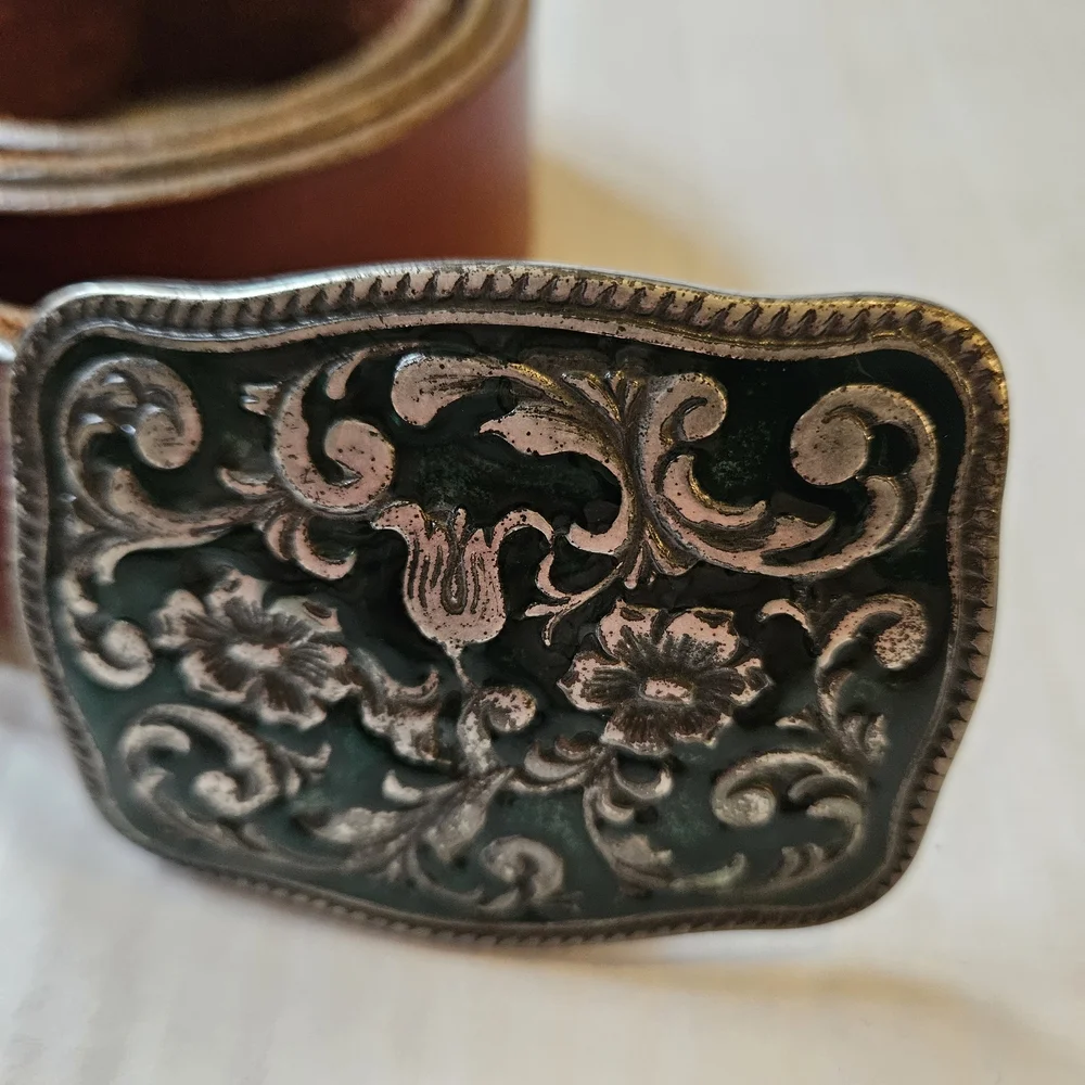 Vintage Gap Leather Brown Belt Silver Green Enamel Buckle Italy L